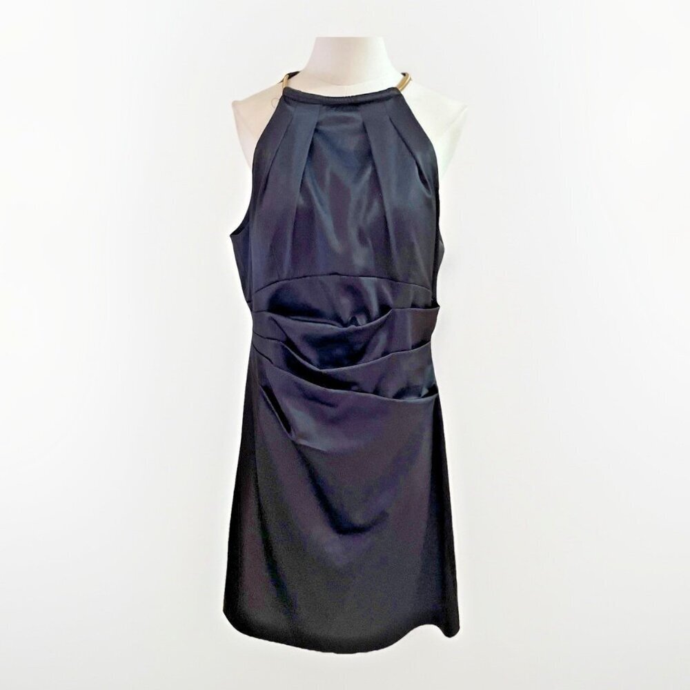 Eliza J Satin Halter Dress Size 14 Black Chain Embellishment Body Con Evening